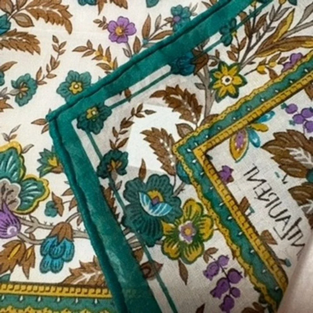 Vtg YVES SAINT LAURENT Scarf Handkerchief Floral Cotton Teal White 18.5